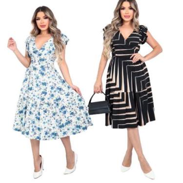 Imagem de Kit 2 Vestido Feminino Midi Decote V Amarração Cintura Saia Godê Malha