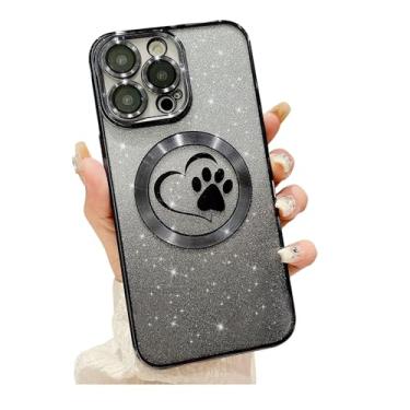 Imagem de Weonmov Capa para iPhone 14 Pro com glitter transparente pata amor coração compatível com MagSafe, proteção completa magnética forte para lente de câmera macia, fina e fofa - preta
