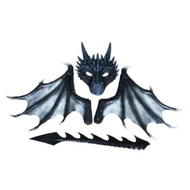 Imagem de UGPLM Fantasia infantil de dragão, cauda de dinossauro, máscara, conjunto de asas, cosplay, fantasia de Halloween para festivais, carnavais, Páscoa, meninos, Preto