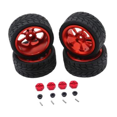 Imagem de menolana Kit de aros de roda RC, pneus de borracha RC, peça de atualização, cubo de roda de metal, adaptador sextavado de 12 mm para 144001 1:18 1/10 A959, Vermelho