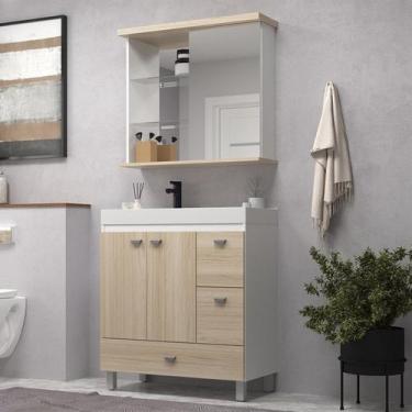 Imagem de Gabinete de Banheiro 80cm com Cuba e Espelheira Branco/Carvalho Berlin