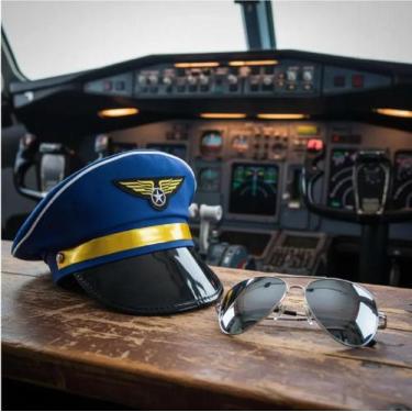 Imagem de Fantasia de Aviador Piloto C/ Quepe Azul e Óculos Espelhado - 2 Peças 