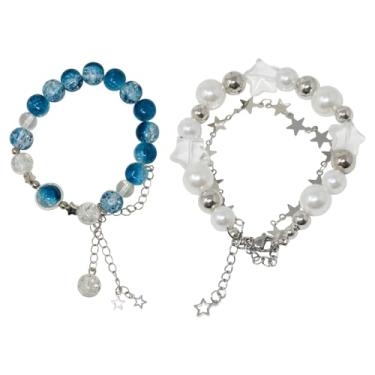 Imagem de yueton Pacote com 2 pulseiras Y2K imitação de pérolas estrelas, corrente de camada dupla, contas de vidro azul, joias da amizade para mulheres, Standard, Vidro, Vidro