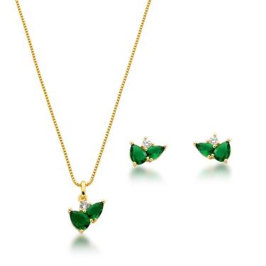 Imagem de Conjunto Colar E Brincos Em Zirconias Coloridas Banhado A Ouro 18k