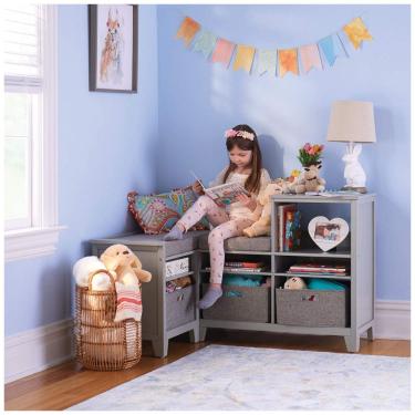 Imagem de Banco estante de canto infantil Martha Stewart Kids Cinza em madeira bétula com nichos, almofada e caixas de tecido