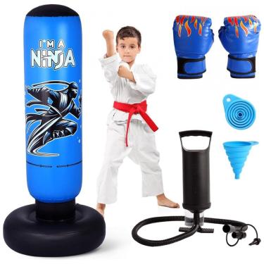 Imagem de Onirii Kit Boxe Inflável Infantil Ninja Azul 168cm com Luvas e Bomba - Brinquedo Fitness 4 em 1 para Crianças 5-12 Anos