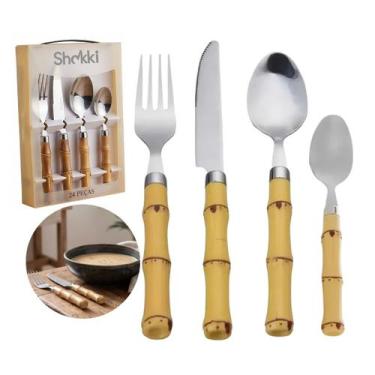 Imagem de Faqueiro Jogo De Talheres Bambu 24 Peças Aço Inox Garfo Faca Colher Pa