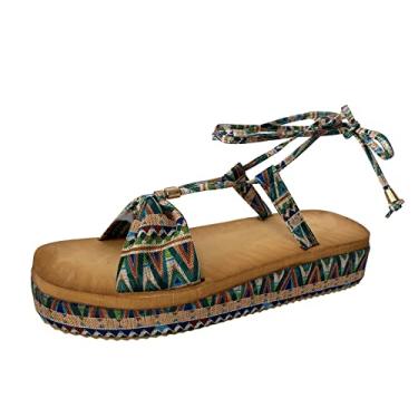 Imagem de Sandálias femininas anabela moda verão tecido estampado tornozeleira tira plataforma estilo étnico sandálias (verde, 37)