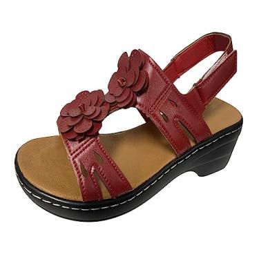 Imagem de Sandálias para mulheres meninas moda verão multicolorido flor bico redondo gancho e laço sandálias plataforma fivela tira no tornozelo sandálias anabela (vermelho, 4)