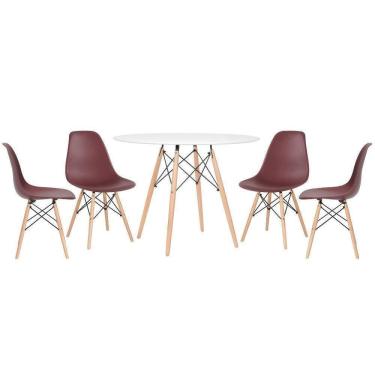 Imagem de Mesa Redonda Eames 100cm Branco + 4 Cadeiras Marrom