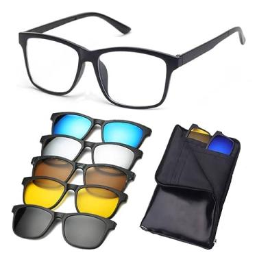 Imagem de Armação De Óculos Masculino + 5 Clip On Óculos De Sol Troca Lentes 6 Em 1 Proteção UV Polarizado Quadrado Redondo Retangular (2201 55-18-138)