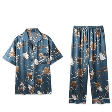 Imagem de Pijama feminino verão seda gelo manga curta calças curtas verão seda fina roupas de casa de verão (cor: A, tamanho: L código)