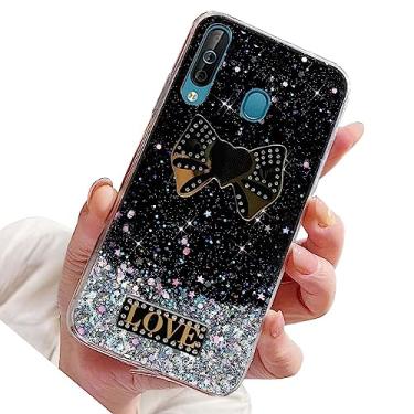 Imagem de Rnrieyta Capa Miagon com glitter para Huawei P30 Lite, capa protetora de silicone macia e fina com estrela brilhante para meninas e mulheres, coração laço nó preto