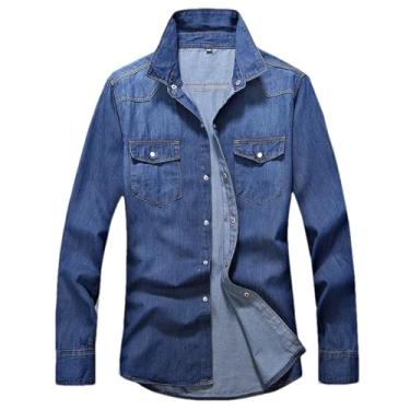 Imagem de Camisa jeans masculina algodão jeans outono slim manga longa caubói camisa elegante lavagem slim tops, 604 azul-marinho, M