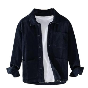 Imagem de Camisetas masculinas outono inverno retrô casual algodão sólido em camisas soltas de veludo cotelê com bolso camiseta cinza, Azul escuro, M