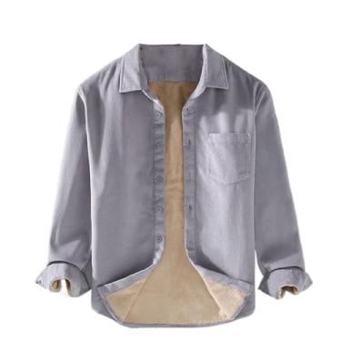 Imagem de Camisas masculinas casuais de lã quente de lapela de veludo cotelê espesso com bolso camisa versátil, Cinza claro, GG