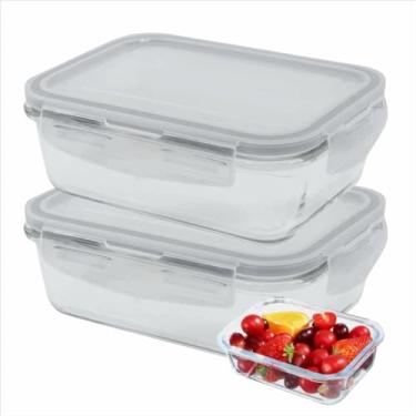 Imagem de Kit 2 Pote De Vidro Hermético Com Tampa Click Anti Vazamento 640 ml Retangular Fitess Conservar Alimento Marmita