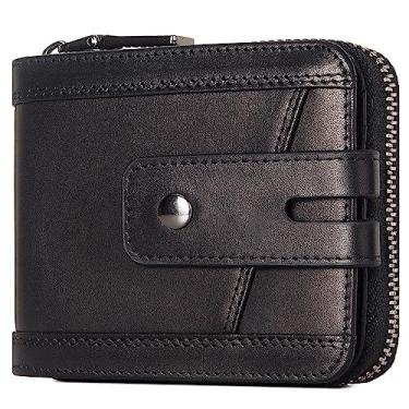 Imagem de Carteira masculina com zíper de couro legítimo com zíper, bloqueio de RFID, janela dupla para identidade, carteira com zíper e bolso para moedas, Preto, Design minimalista e prático