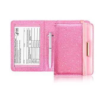Imagem de Caweet Carteira de couro para cartão de vacinação com porta-passaporte com fecho elástico, Glitter rosa, Porta-cartão de passaporte e vacina