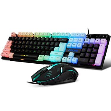 Imagem de CHONCHOW Combo de teclado e mouse para jogos, USB com fio, 104 teclas, teclado de iluminação de tamanho completo, microfone 3600DPI arco-íris retroiluminado, sensação mecânica, compatível com PC,