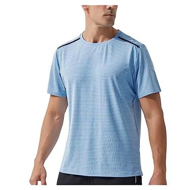 Imagem de Camiseta masculina atlética manga curta solta de secagem rápida listrada camiseta elástica 4 vias lisa academia, Azul claro, XXG