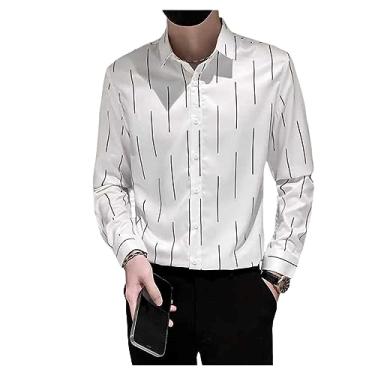 Imagem de Camisa masculina listrada sem passar a ferro, abotoada, casual, manga comprida, camiseta de praia respirável, Branco, G