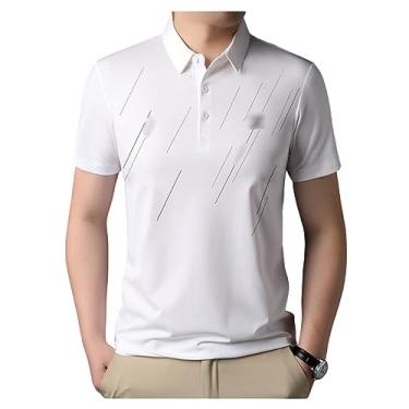 Imagem de Camisa polo masculina lisa listrada de seda gelo manga curta lapela botão Goout Shirt Moisture Buisness, Branco, XXG