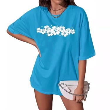 Imagem de Camiseta feminina grande com estampa de letras engraçadas, estampa fofa, para férias na praia, solta, casual, gola redonda, Flor azul, PP