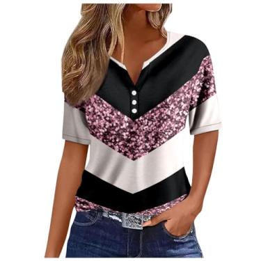 Imagem de Blusas femininas de verão 2024 da moda manga curta com estampa brilhante patchwork casual camisas com botão Henley gola V túnica blusas, rosa, P