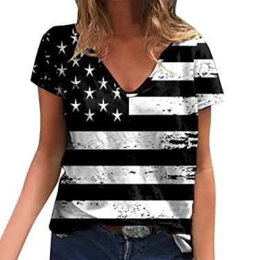 Imagem de Camiseta feminina com bandeira americana para o verão, 4 de julho, patriótica, listras estrelas, Memorial Day, camisetas casuais de manga curta, Preto, P