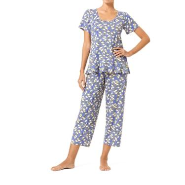 Imagem de HUE Camiseta feminina de malha de manga curta estampada com bainha com babados e calça conjunto de pijama de 2 peças, azul Baja, Baja Blue, P