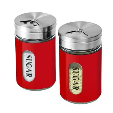 Imagem de Conjunto de espanador de açúcar em aço inoxidável e vidro com furos ajustáveis e coqueteleira para café, conjunto de 2 (vermelho)