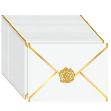 Imagem de AVERZELLA Pacote com 100 envelopes de ouro branco 12 x 18 cm para convites com aba V de folha dourada, envelopes metálicos A7 250 g, envelope brilhante A6 para cartões de presente de casamento chá de