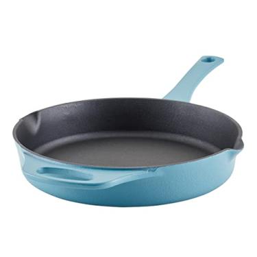 Imagem de Rachael Ray Frigideira/frigideira de ferro fundido resistente à ferrugem premium com cabo auxiliar e bicos de despejo, 25 cm, azul agave