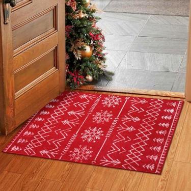 Imagem de Asrug Tapete vermelho de Natal - 2x3 floco de neve lavável tapete de entrada tapetes para interior capacho de diamante cobertura de piso com detalhe geométrico baixo pelo baixo tapete pequeno para decoração de entrada de quarto sala de estar