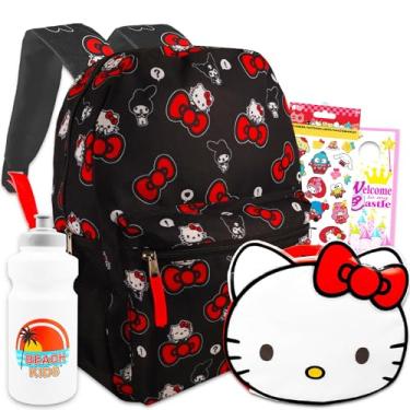 Imagem de Hello Kitty Conjunto de mochila e lancheira – Mochila escolar de 40 cm com lancheira isolada, garrafa de água, adesivos e mais | Pacote de material escolar Hello Kitty para meninas e crianças