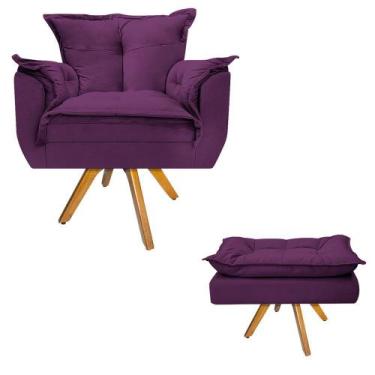 Imagem de Kit Poltrona e Puff Opala Base Giratória de Madeira Suede Roxo - DAMAF