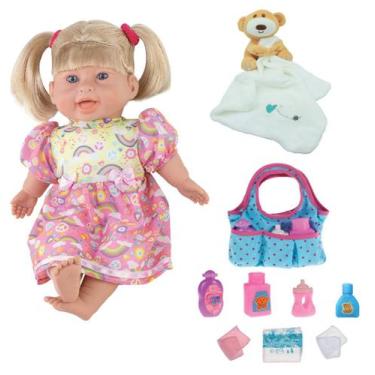 Imagem de Kit Bolneca Bebê Faz Xixi Rafaeli + Naninha Pelucia Bolsinha - Milk Br