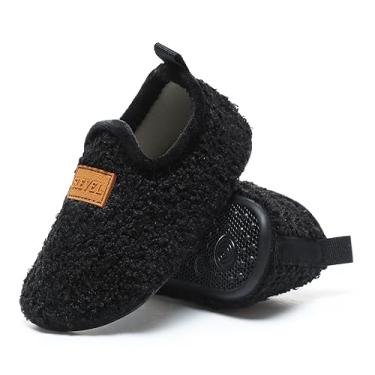Imagem de ditont Pantufas infantis para meninos e meninas para casa leves para bebês antiderrapantes para a primeira caminhada em casa, Quente/preto 005, 1-2.5 Infant
