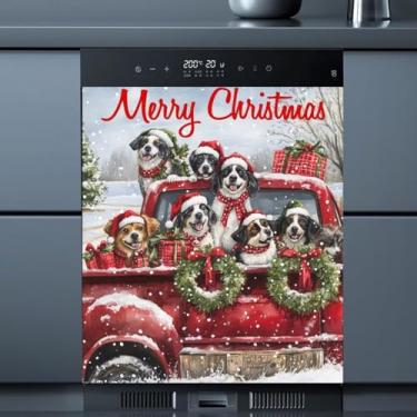 Imagem de Adesivos de Natal para lava-louças, ímã, capa vermelha, caminhão vermelho, para máquina de lavar louça, decalque magnético de painel de geladeira feliz Natal para eletrodomésticos - magnético 58,4 cm