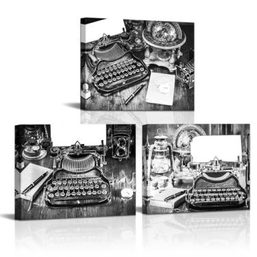 Imagem de Arte de parede em tela de máquina de escrever vintage, preto e branco vintage antigo negócio antigo impressão de pôster de máquina de escrever arte emoldurada para casa quarto sala de estar escritório