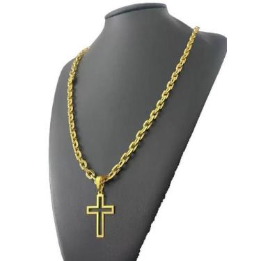 Imagem de Cordão Cadeado 6mm + Pingente Cruz Banhado Ouro 70cm - Tojoia18K
