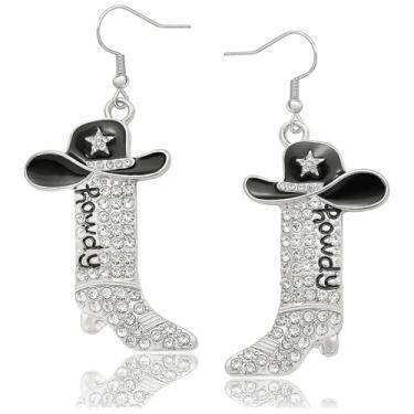 Imagem de Brincos femininos de vaqueira de strass com glitter, letra de Howdy ocidental, brincos de chapéu esmaltado de caubói com estrela brilhante, rodeio country, roupas de festa de concerto, joias, Zinco,