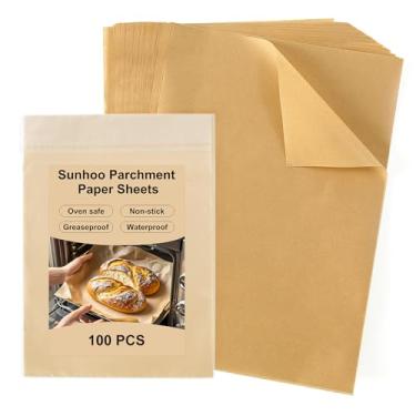 Imagem de Sunhoo 100 peças, folhas de papel pergaminho de 25 x 35 cm para assar, papel de embrulho, fritadeira a ar, forno, antiaderente, forros de padaria, quadrados pré-cortados marrons naturais para