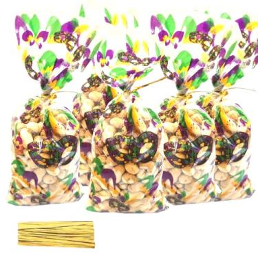 Imagem de Sacos de guloseimas de carnaval, 100 peças, carnaval de Nova Orleans, baile de máscaras, sacos de celofane com laços torcidos, sacos de presente de plástico transparente, sacos de doces para