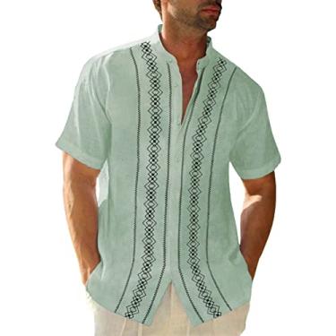 Imagem de Camisa masculina cubana Guayabera de manga curta, casual, com botões, gola de banda, acampamento de praia, camisa mexicana, 1 verde menta, G