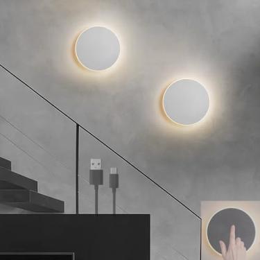 Imagem de Luminária de parede LED com interruptor de toque USB recarregável, luz de parede operada por bateria, luz de leitura redonda, metal, moderna, sem fio, arandela para quarto, sala de estar, va