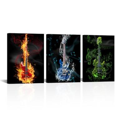 Imagem de iLOOKLiKE 3 peças arte de guitarra vermelha azul verde decoração de parede instrumentos musicais pinturas temáticas imagens notas musicais impressões em tela emolduradas para decoração de estúdio sala