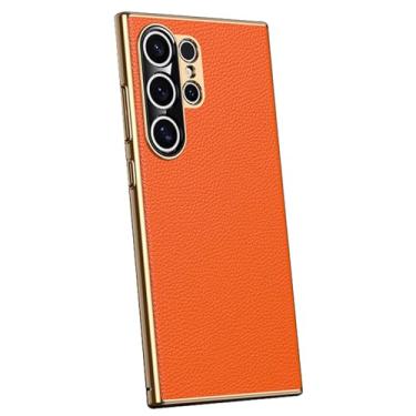 Imagem de HAO RIYLN Capa de couro para Samsung Galaxy S24 Ultra/S24 Plus/S24, Business Premium Phone Case Proteção à prova de choque Capa galvanizada, laranja, S24