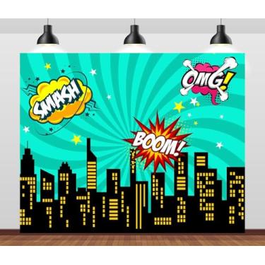 Imagem de CORFOTO Pano de fundo de cidade de desenho animado, 3 x 2,4 m, azul, cidade, edifícios, quadrinhos, super cidade, fundo para aniversário com tema de super-herói, crianças, meninos, retratos de heróis,
